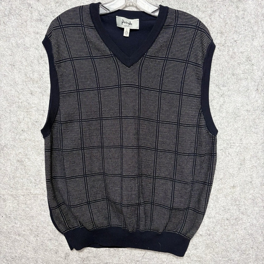 Pringle Scotland Sweater Vest L Navy Windowpane Pima Cotton Italy Preppy